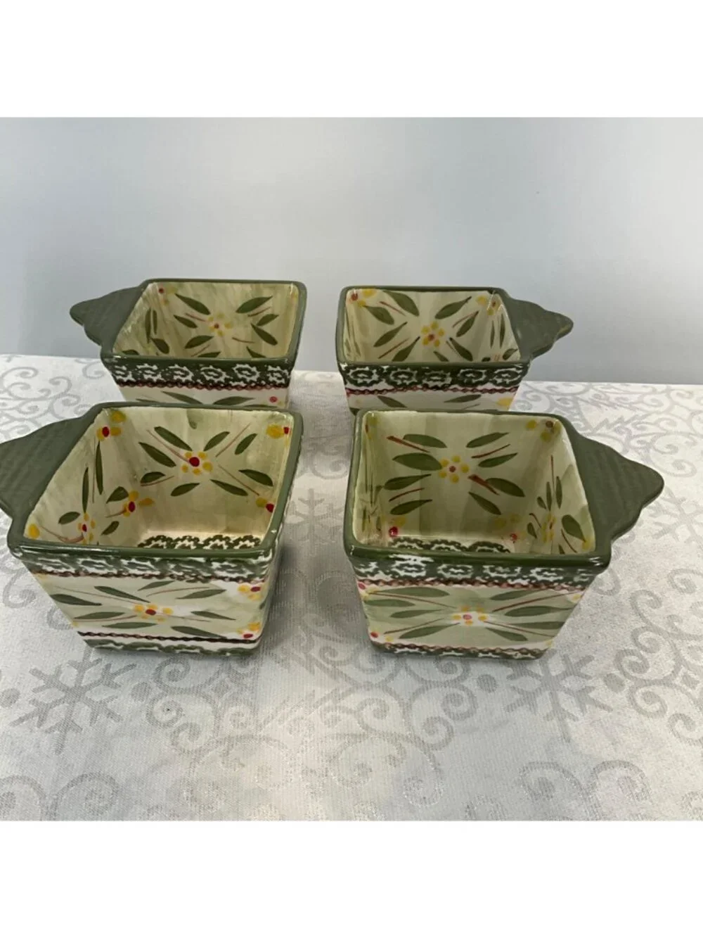 Temp-Tations Old World Green Square 10 Oz Ramekins Set Of 4 With Lid Oven & Dish